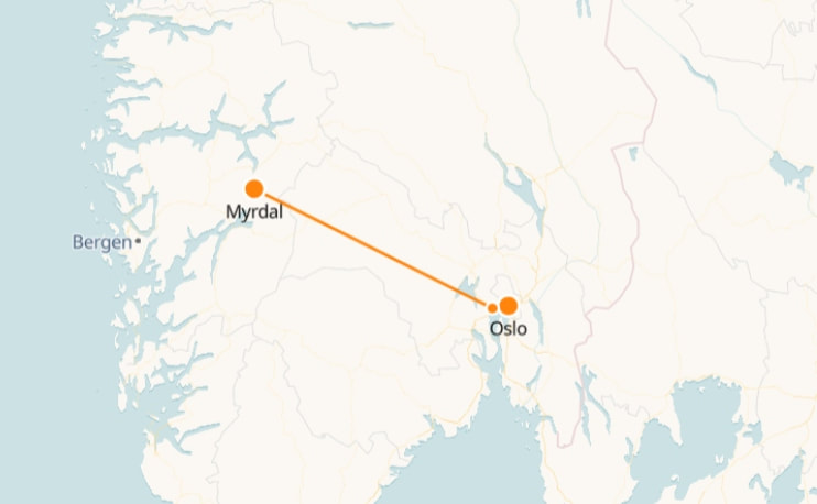Mappa da Oslo a Myrdal